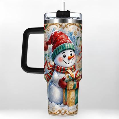 #pl[40oz|Black] Ornate Christmas Snowman 40oz Tumbler with Handle, Holiday Travel Cup