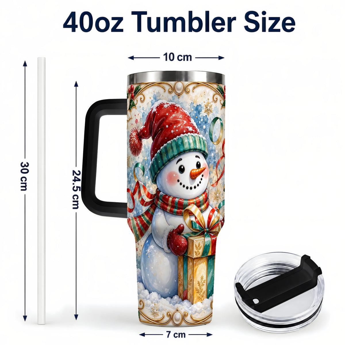 #pl[40oz|Black] Ornate Christmas Snowman 40oz Tumbler with Handle, Holiday Travel Cup