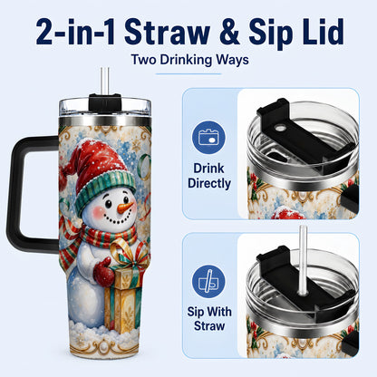 #pl[40oz|Black] Ornate Christmas Snowman 40oz Tumbler with Handle, Holiday Travel Cup