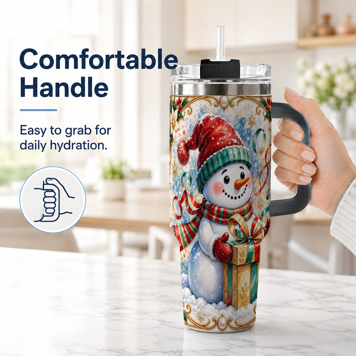 #pl[40oz|Black] Ornate Christmas Snowman 40oz Tumbler with Handle, Holiday Travel Cup