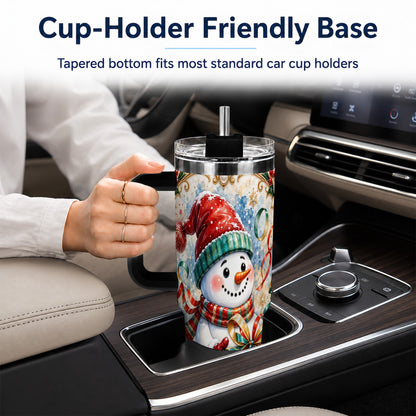 #pl[40oz|Black] Ornate Christmas Snowman 40oz Tumbler with Handle, Holiday Travel Cup