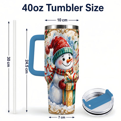 #pl[40oz|Blue] Ornate Christmas Snowman 40oz Tumbler with Handle, Holiday Travel Cup