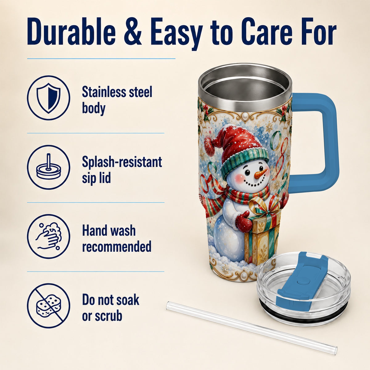 #pl[40oz|Blue] Ornate Christmas Snowman 40oz Tumbler with Handle, Holiday Travel Cup