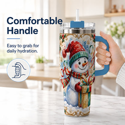 #pl[40oz|Blue] Ornate Christmas Snowman 40oz Tumbler with Handle, Holiday Travel Cup