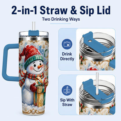 #pl[40oz|Blue] Ornate Christmas Snowman 40oz Tumbler with Handle, Holiday Travel Cup