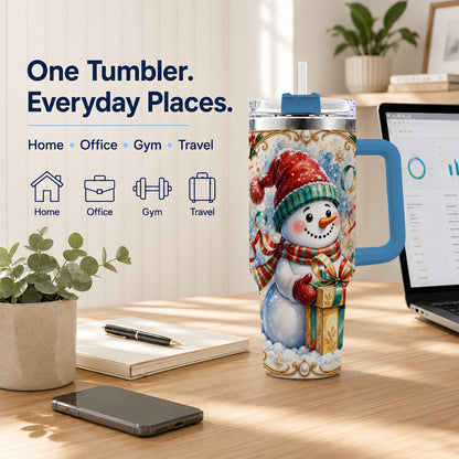 #pl[40oz|Blue] Ornate Christmas Snowman 40oz Tumbler with Handle, Holiday Travel Cup