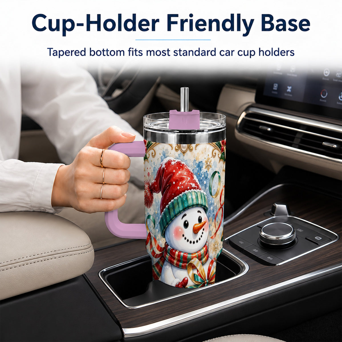 #pl[40oz|Pink] Ornate Christmas Snowman 40oz Tumbler with Handle, Holiday Travel Cup