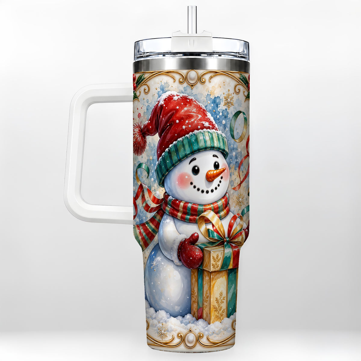 Ornate Christmas Snowman 40oz Tumbler with Handle, Holiday Travel Cup