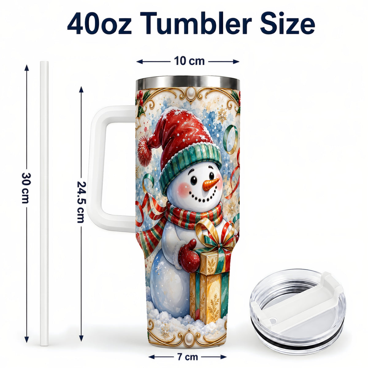 #pl[40oz|White] Ornate Christmas Snowman 40oz Tumbler with Handle, Holiday Travel Cup