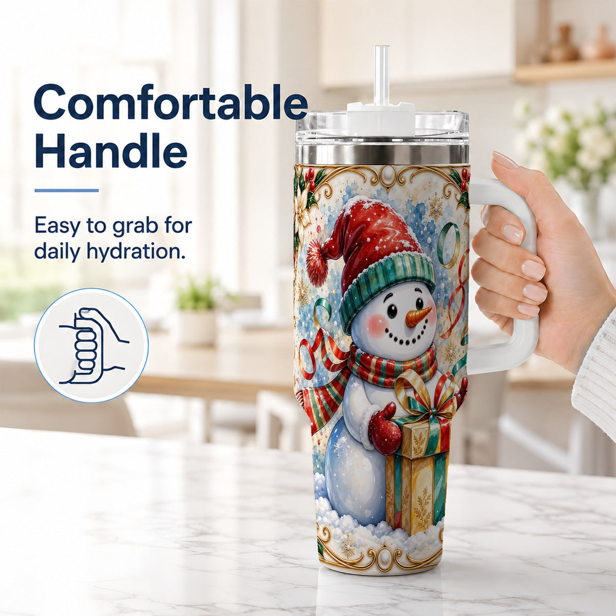 #pl[40oz|White] Ornate Christmas Snowman 40oz Tumbler with Handle, Holiday Travel Cup