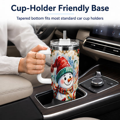 #pl[40oz|White] Ornate Christmas Snowman 40oz Tumbler with Handle, Holiday Travel Cup
