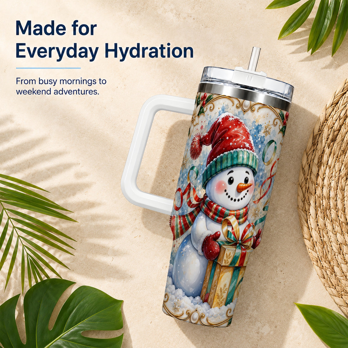 #pl[40oz|White] Ornate Christmas Snowman 40oz Tumbler with Handle, Holiday Travel Cup