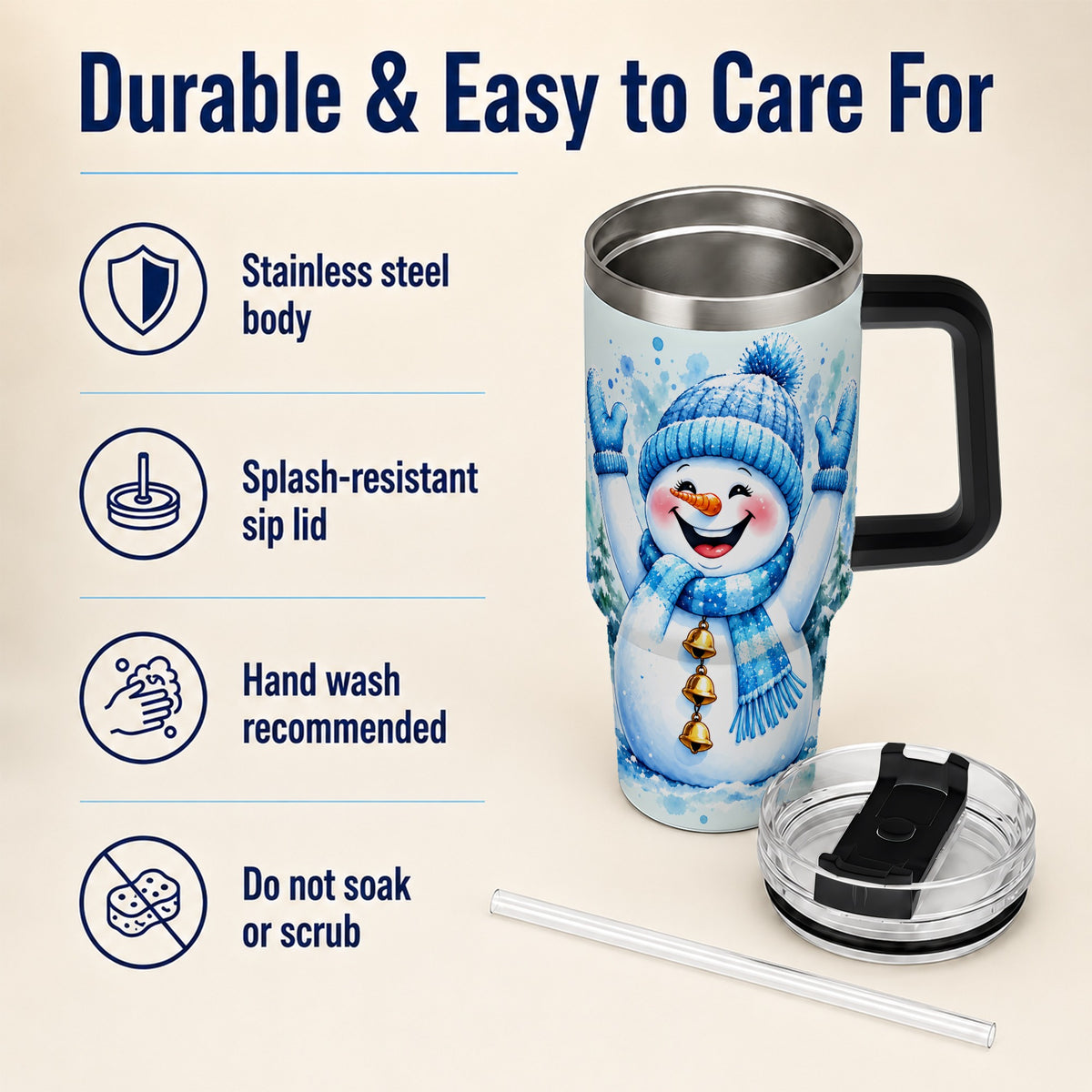 #pl[40oz|Black] Cheerful Blue Snowman 40oz Tumbler with Handle, Winter Travel Cup