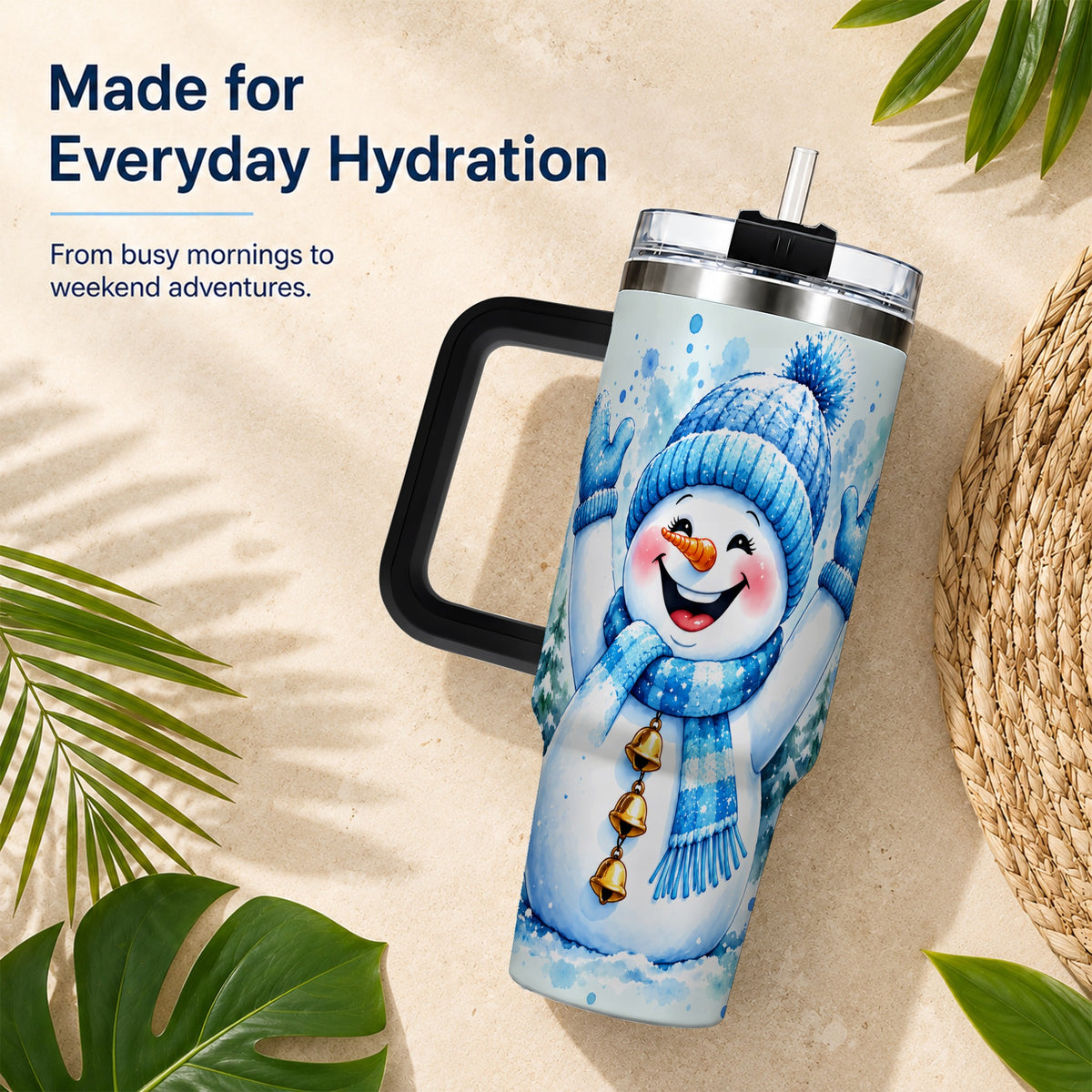 #pl[40oz|Black] Cheerful Blue Snowman 40oz Tumbler with Handle, Winter Travel Cup