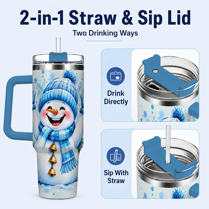 #pl[40oz|Blue] Cheerful Blue Snowman 40oz Tumbler with Handle, Winter Travel Cup