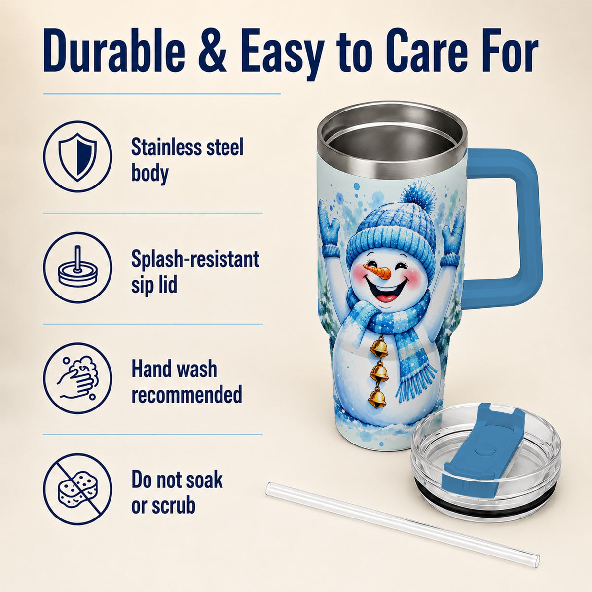 #pl[40oz|Blue] Cheerful Blue Snowman 40oz Tumbler with Handle, Winter Travel Cup