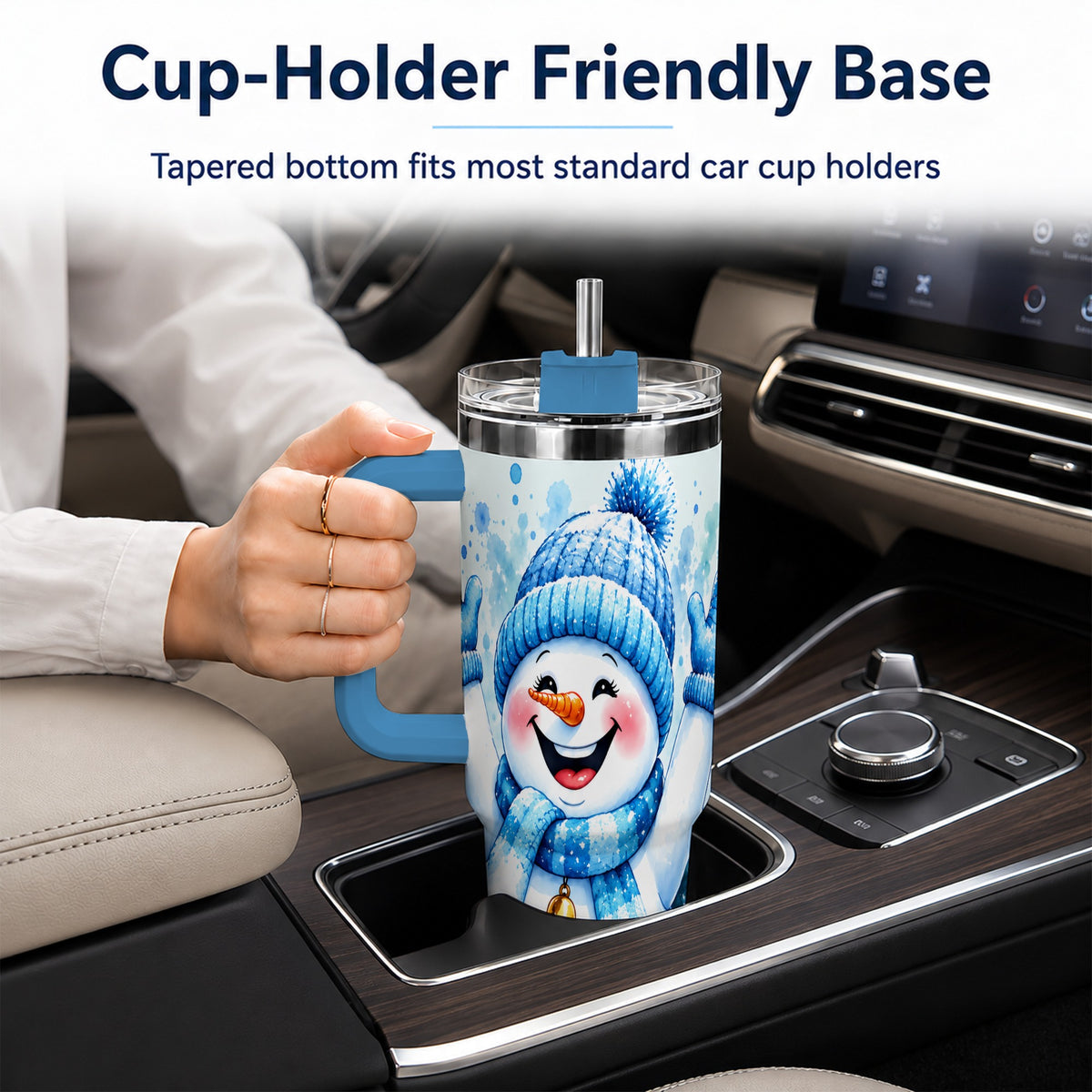 #pl[40oz|Blue] Cheerful Blue Snowman 40oz Tumbler with Handle, Winter Travel Cup