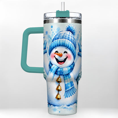 #pl[40oz|Green] Cheerful Blue Snowman 40oz Tumbler with Handle, Winter Travel Cup