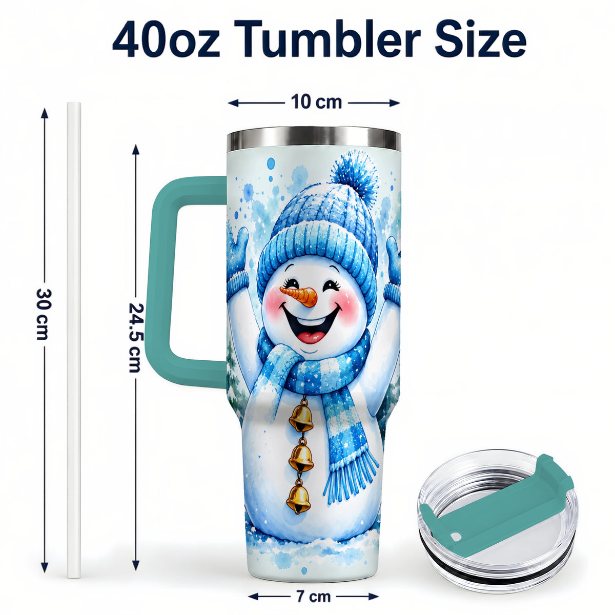 #pl[40oz|Green] Cheerful Blue Snowman 40oz Tumbler with Handle, Winter Travel Cup