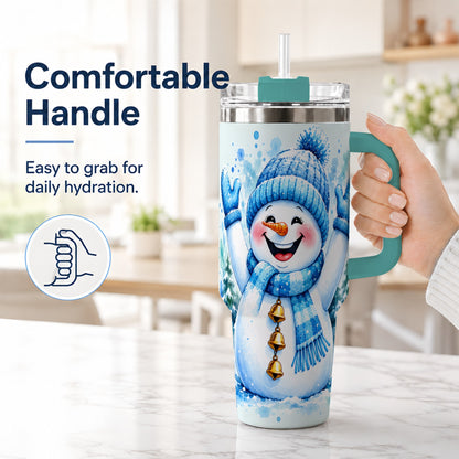 #pl[40oz|Green] Cheerful Blue Snowman 40oz Tumbler with Handle, Winter Travel Cup