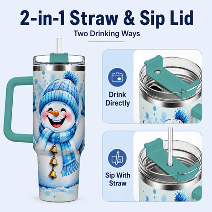 #pl[40oz|Green] Cheerful Blue Snowman 40oz Tumbler with Handle, Winter Travel Cup