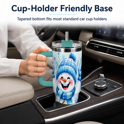 #pl[40oz|Green] Cheerful Blue Snowman 40oz Tumbler with Handle, Winter Travel Cup