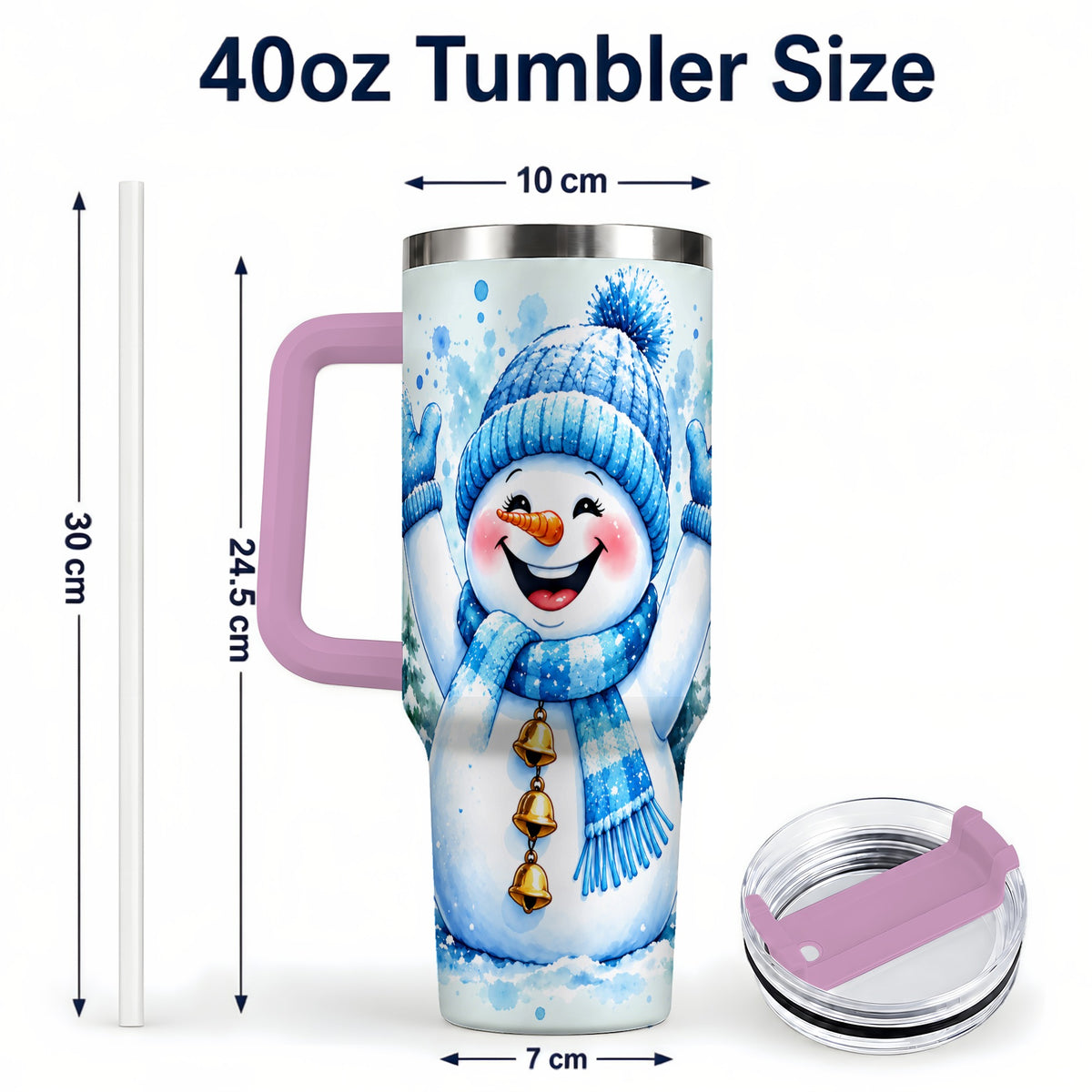 #pl[40oz|Pink] Cheerful Blue Snowman 40oz Tumbler with Handle, Winter Travel Cup