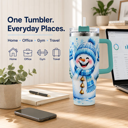 #pl[40oz|Green] Cheerful Blue Snowman 40oz Tumbler with Handle, Winter Travel Cup