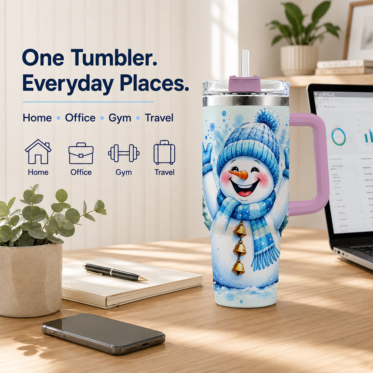 #pl[40oz|Pink] Cheerful Blue Snowman 40oz Tumbler with Handle, Winter Travel Cup
