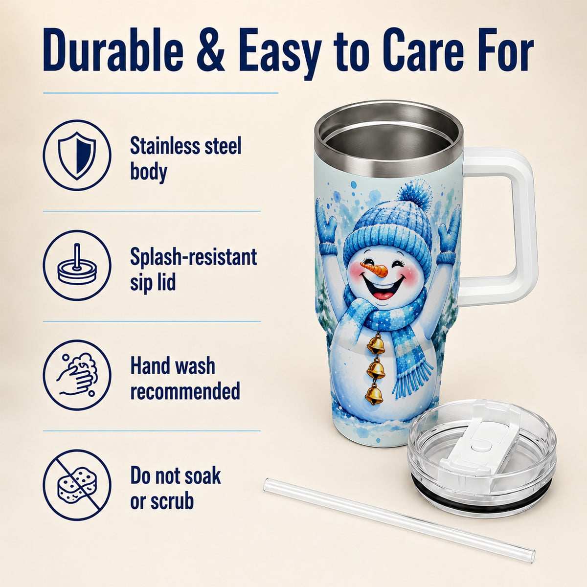 #pl[40oz|White] Cheerful Blue Snowman 40oz Tumbler with Handle, Winter Travel Cup