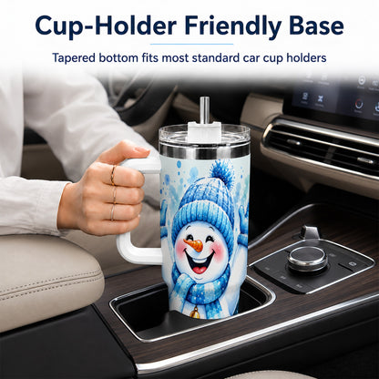 #pl[40oz|White] Cheerful Blue Snowman 40oz Tumbler with Handle, Winter Travel Cup