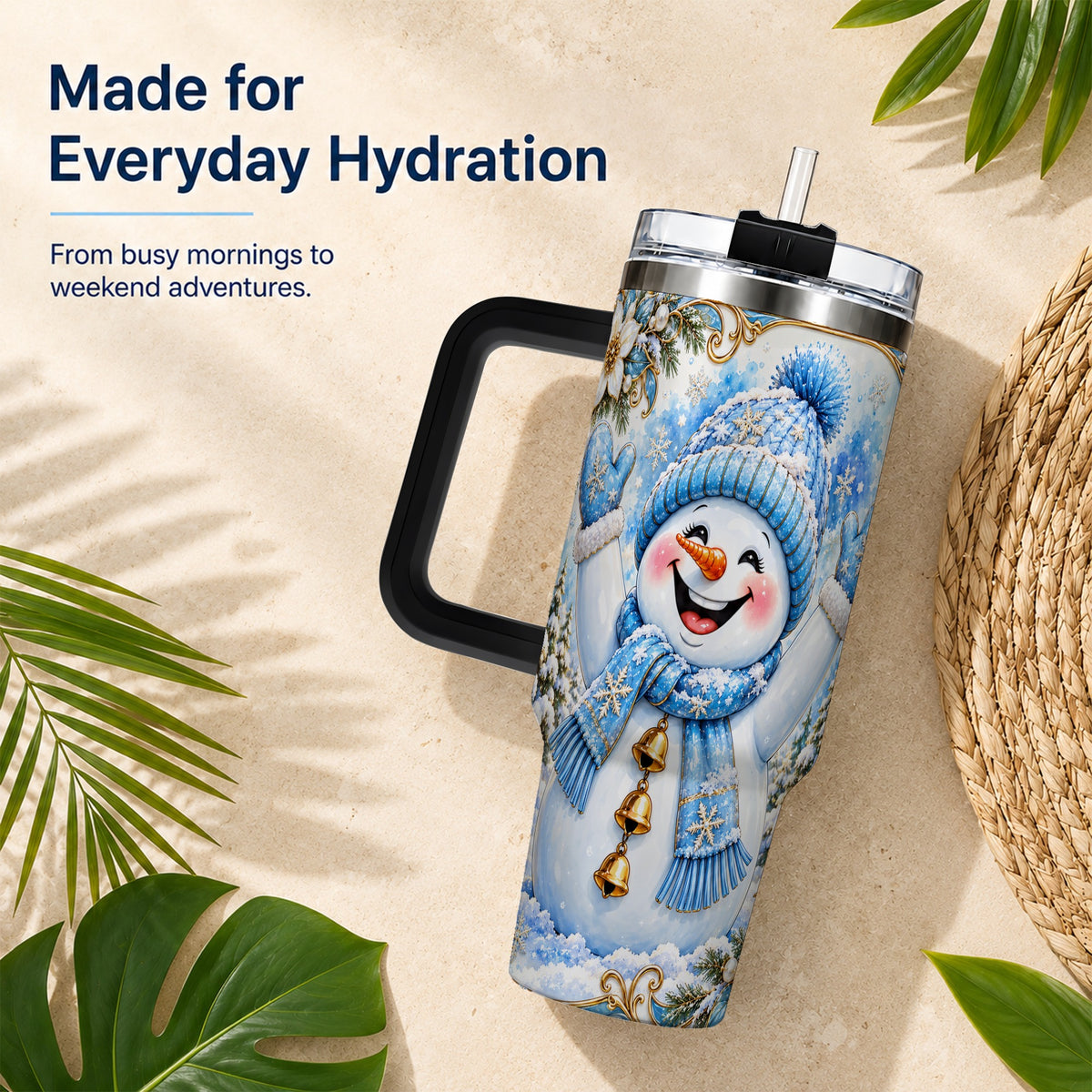 #pl[40oz|Black] Cheerful Snowman 40oz Tumbler with Handle, Winter Stainless Steel Tumbler