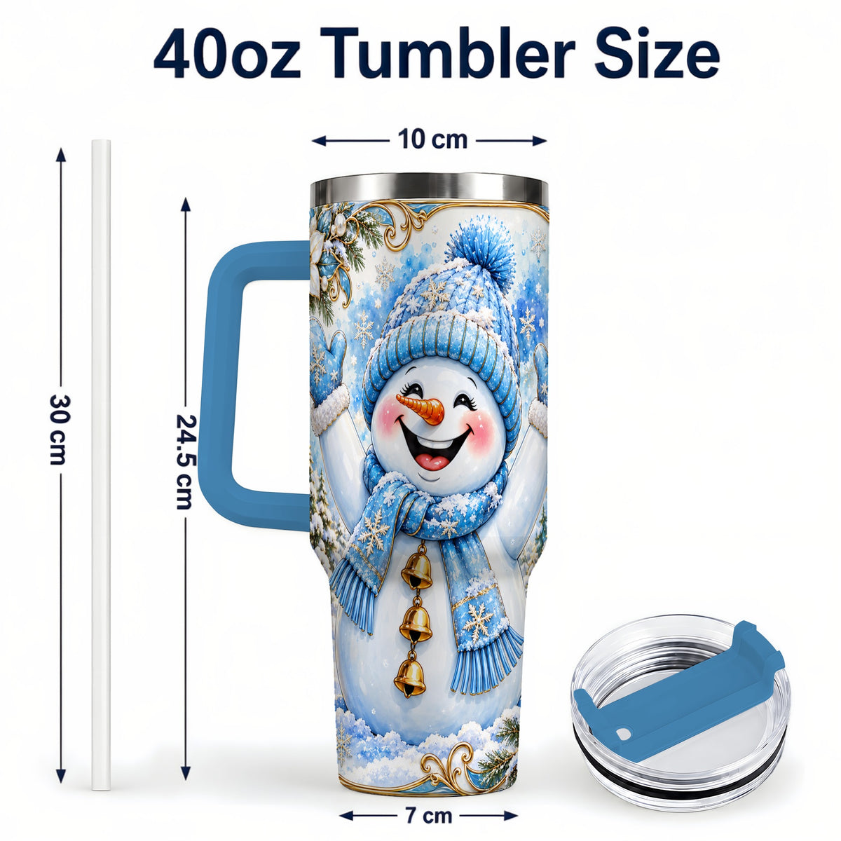 #pl[40oz|Blue] Cheerful Snowman 40oz Tumbler with Handle, Winter Stainless Steel Tumbler