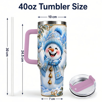 #pl[40oz|Pink] Cheerful Snowman 40oz Tumbler with Handle, Winter Stainless Steel Tumbler