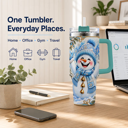 #pl[40oz|Green] Cheerful Snowman 40oz Tumbler with Handle, Winter Stainless Steel Tumbler