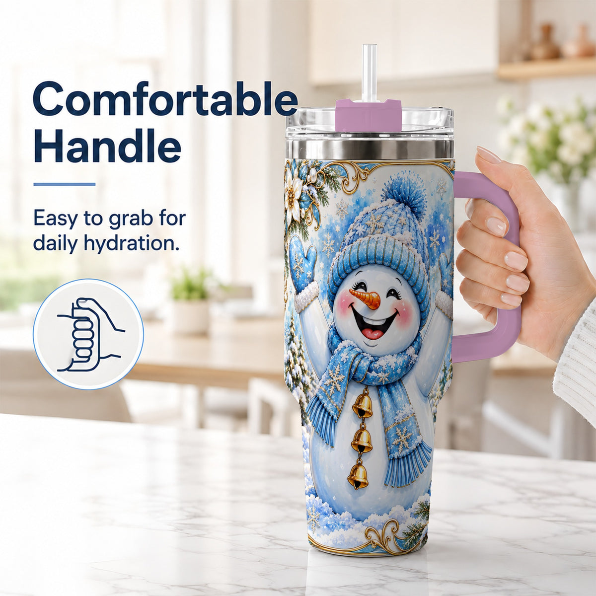 #pl[40oz|Pink] Cheerful Snowman 40oz Tumbler with Handle, Winter Stainless Steel Tumbler