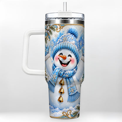 Cheerful Snowman 40oz Tumbler with Handle, Winter Stainless Steel Tumbler