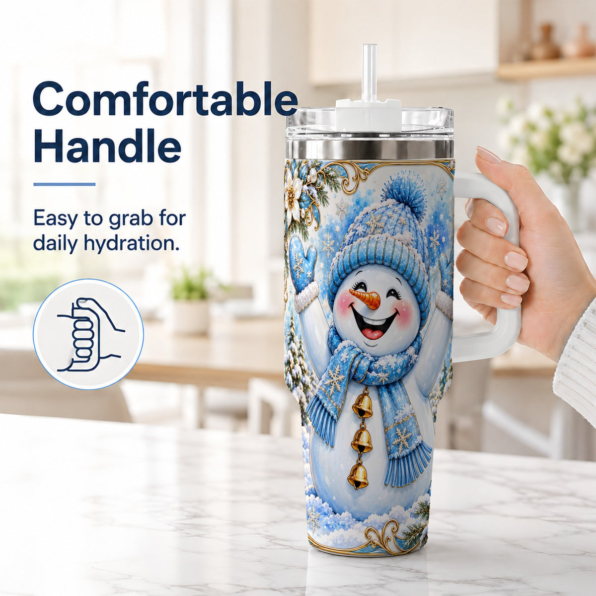 #pl[40oz|White] Cheerful Snowman 40oz Tumbler with Handle, Winter Stainless Steel Tumbler