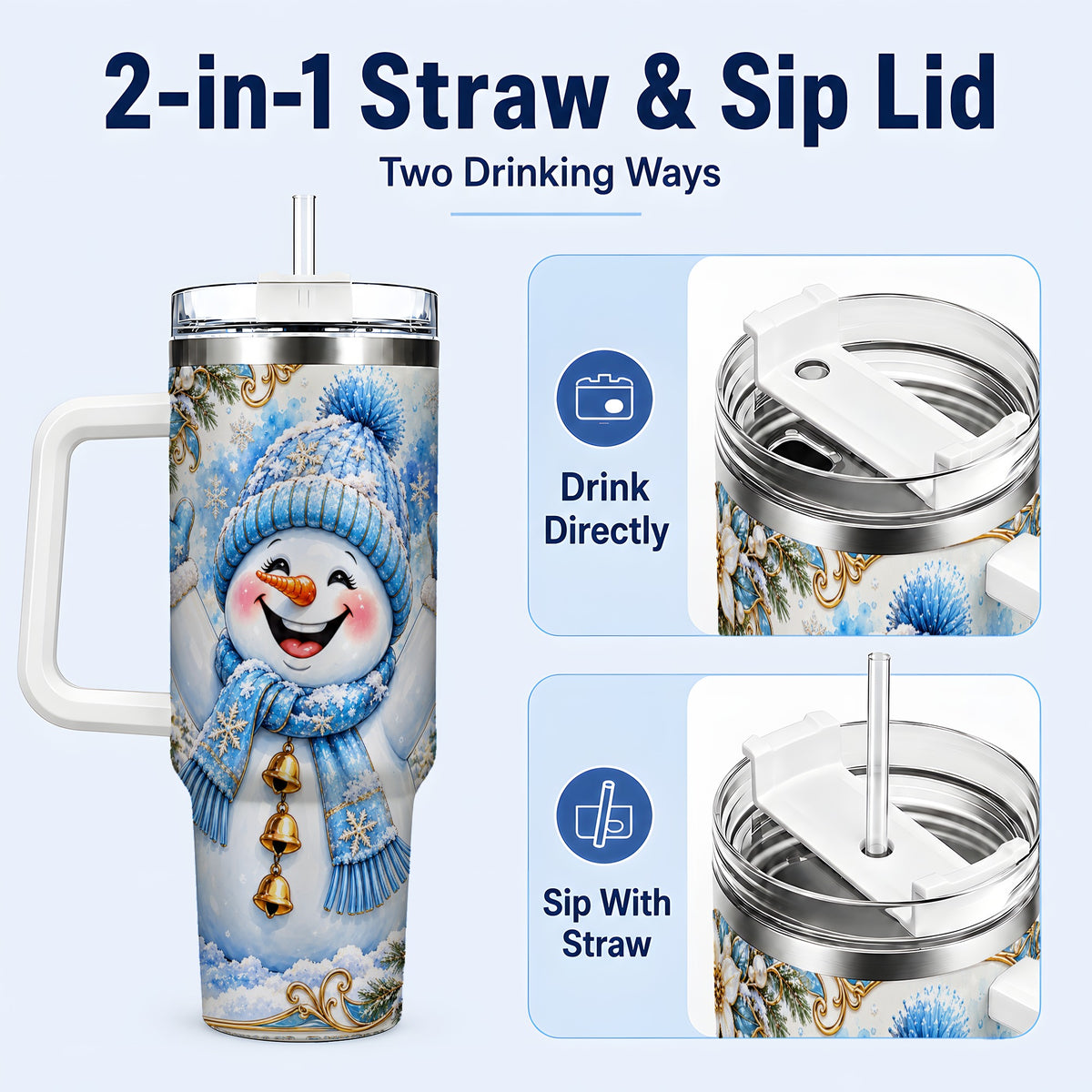 #pl[40oz|White] Cheerful Snowman 40oz Tumbler with Handle, Winter Stainless Steel Tumbler