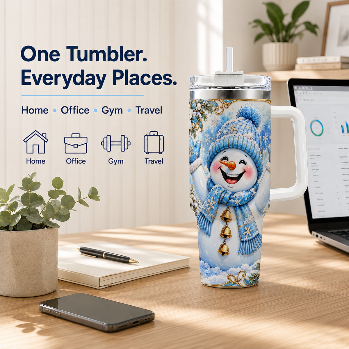 #pl[40oz|White] Cheerful Snowman 40oz Tumbler with Handle, Winter Stainless Steel Tumbler