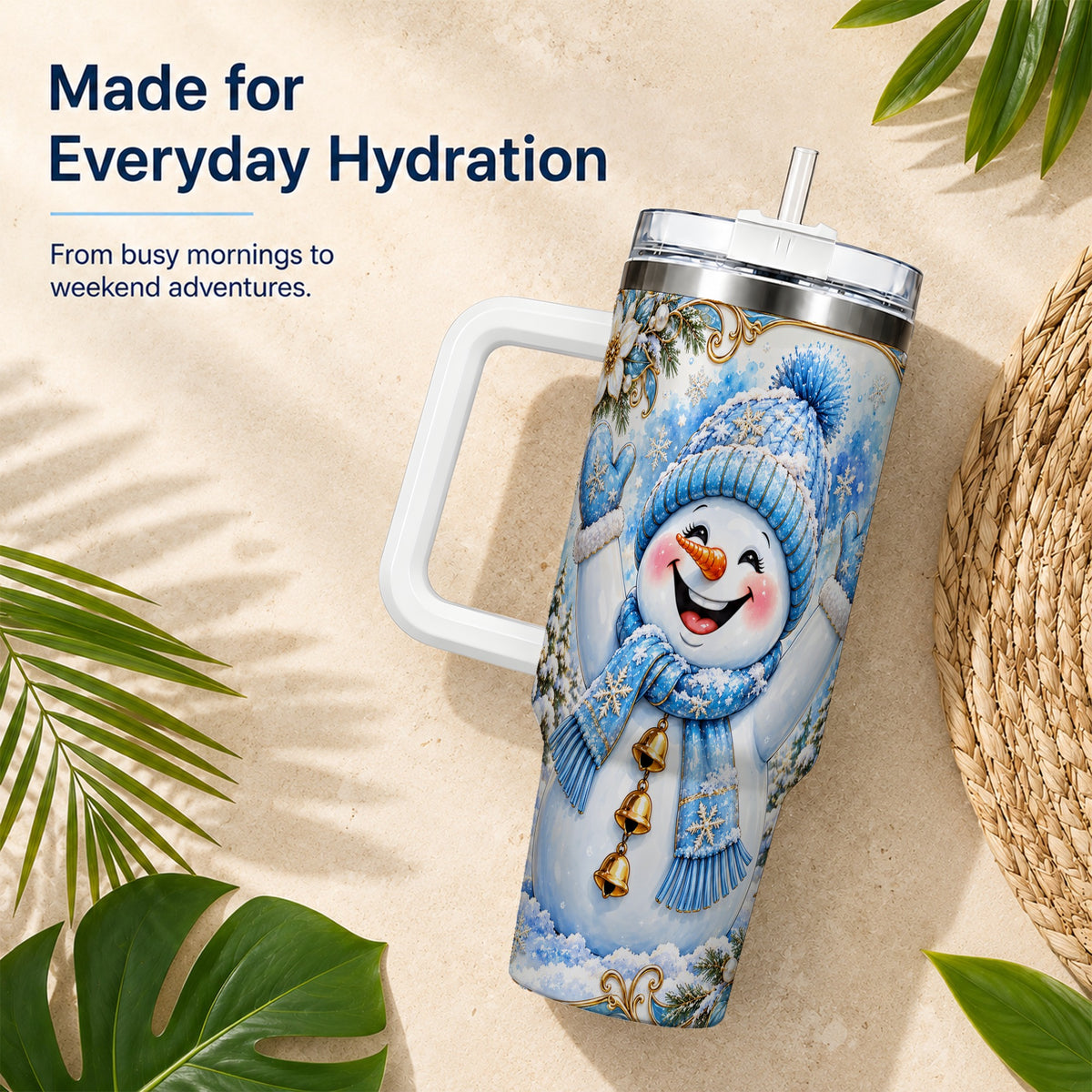 #pl[40oz|White] Cheerful Snowman 40oz Tumbler with Handle, Winter Stainless Steel Tumbler