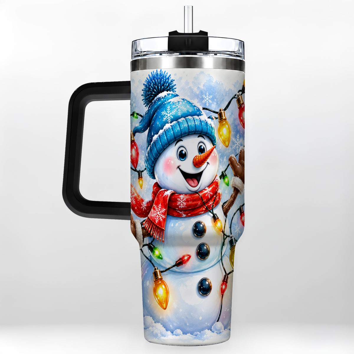 #pl[40oz|Black] Snowman Lights 40oz Tumbler with Handle, Holiday Stainless Steel Tumbler