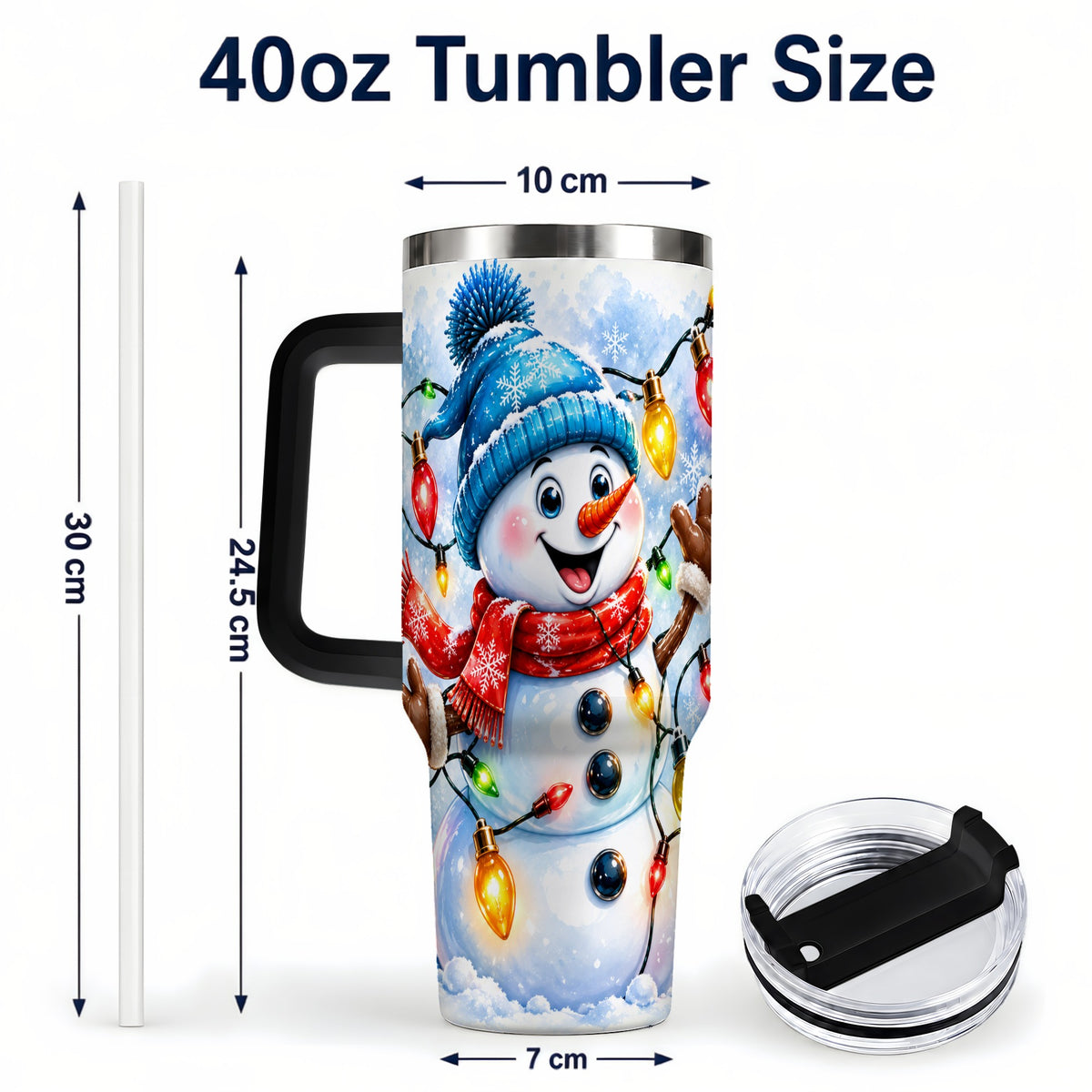 #pl[40oz|Black] Snowman Lights 40oz Tumbler with Handle, Holiday Stainless Steel Tumbler