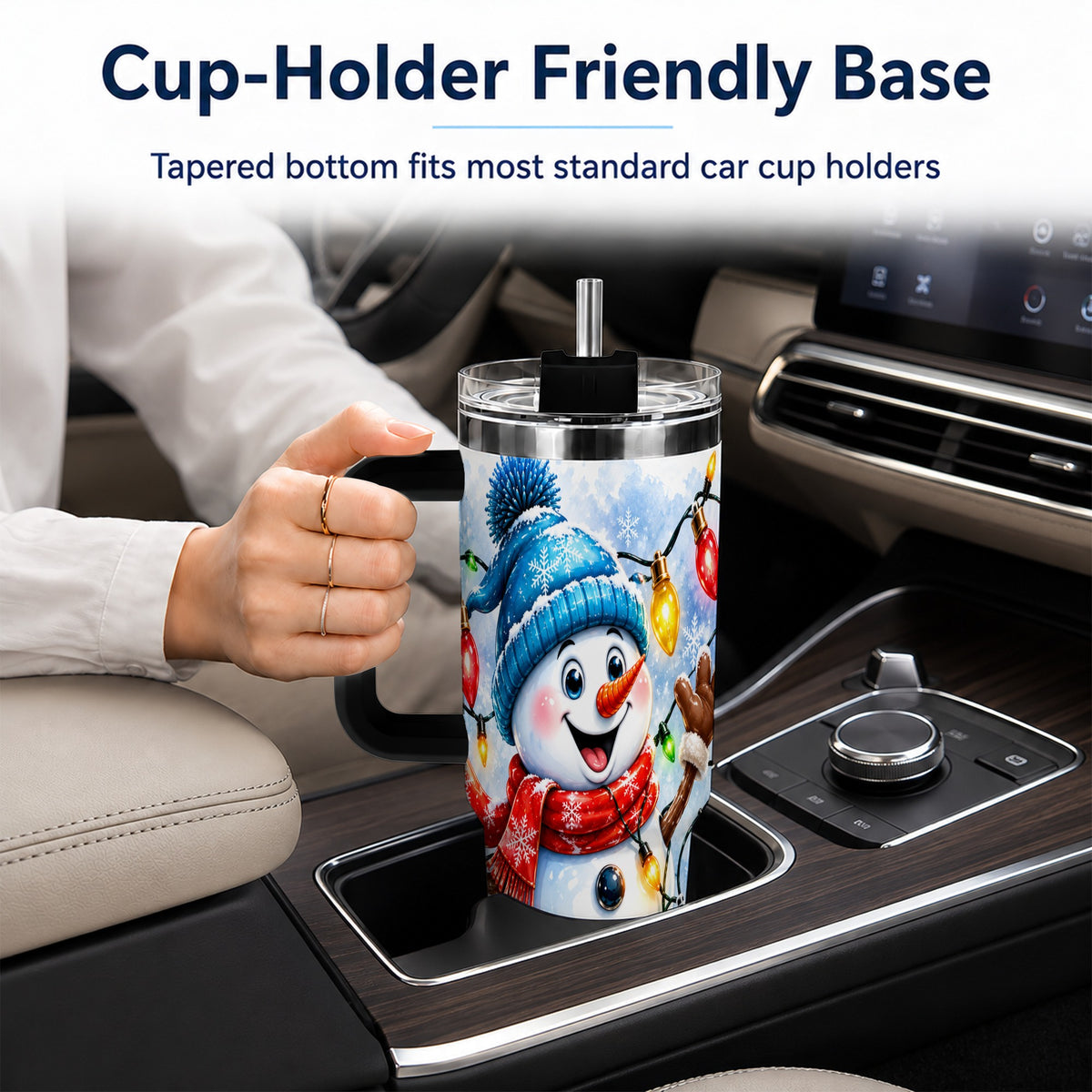 #pl[40oz|Black] Snowman Lights 40oz Tumbler with Handle, Holiday Stainless Steel Tumbler