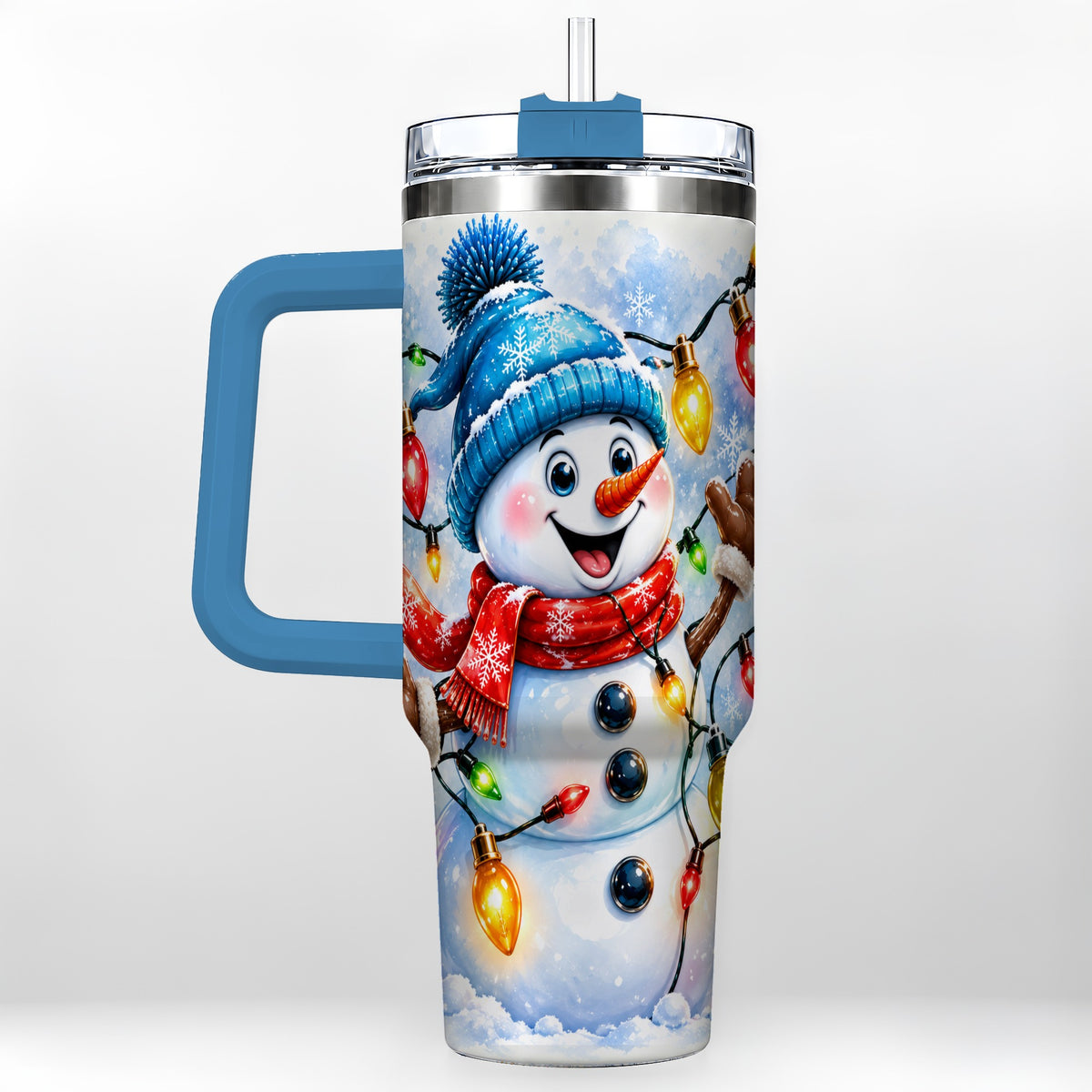 #pl[40oz|Blue] Snowman Lights 40oz Tumbler with Handle, Holiday Stainless Steel Tumbler