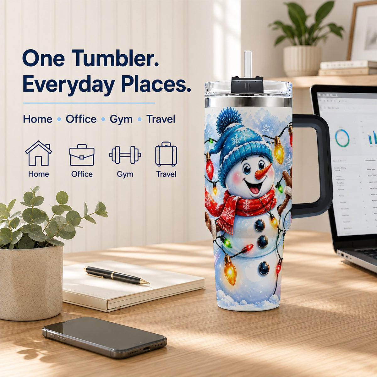 #pl[40oz|Black] Snowman Lights 40oz Tumbler with Handle, Holiday Stainless Steel Tumbler