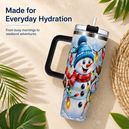 #pl[40oz|Black] Snowman Lights 40oz Tumbler with Handle, Holiday Stainless Steel Tumbler