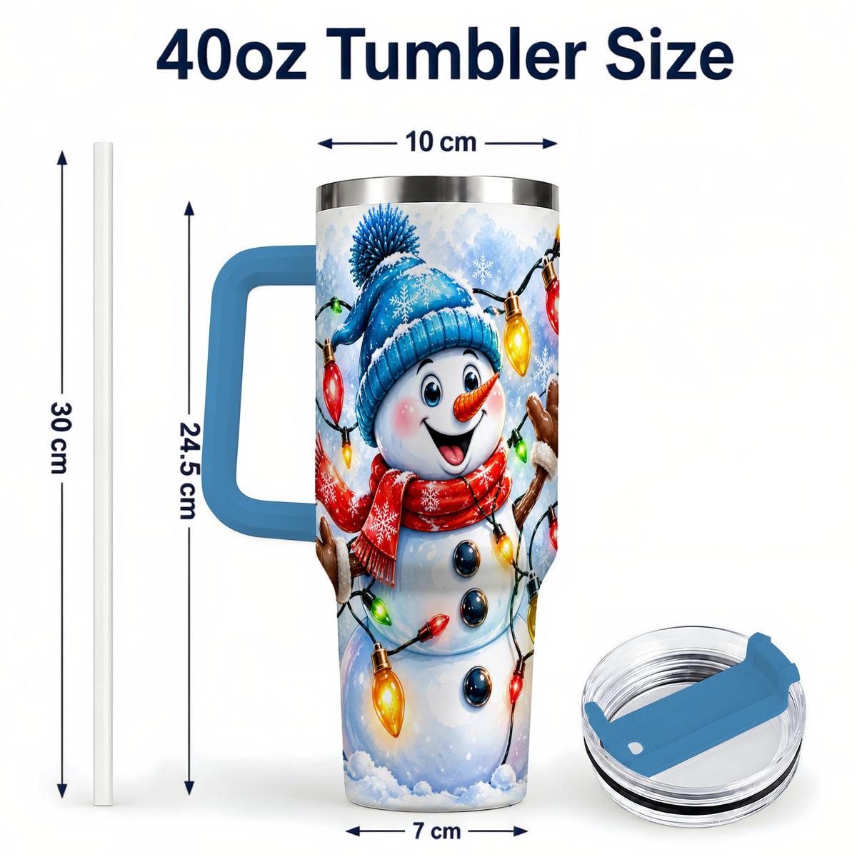 #pl[40oz|Blue] Snowman Lights 40oz Tumbler with Handle, Holiday Stainless Steel Tumbler