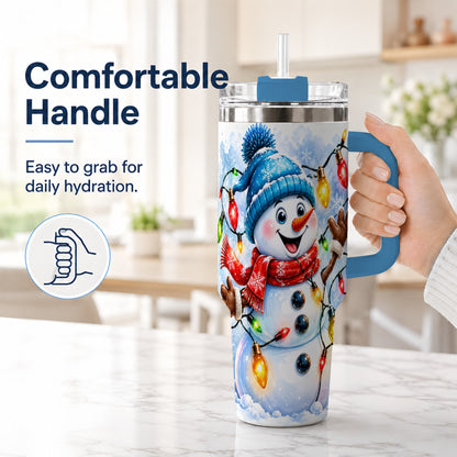 #pl[40oz|Blue] Snowman Lights 40oz Tumbler with Handle, Holiday Stainless Steel Tumbler