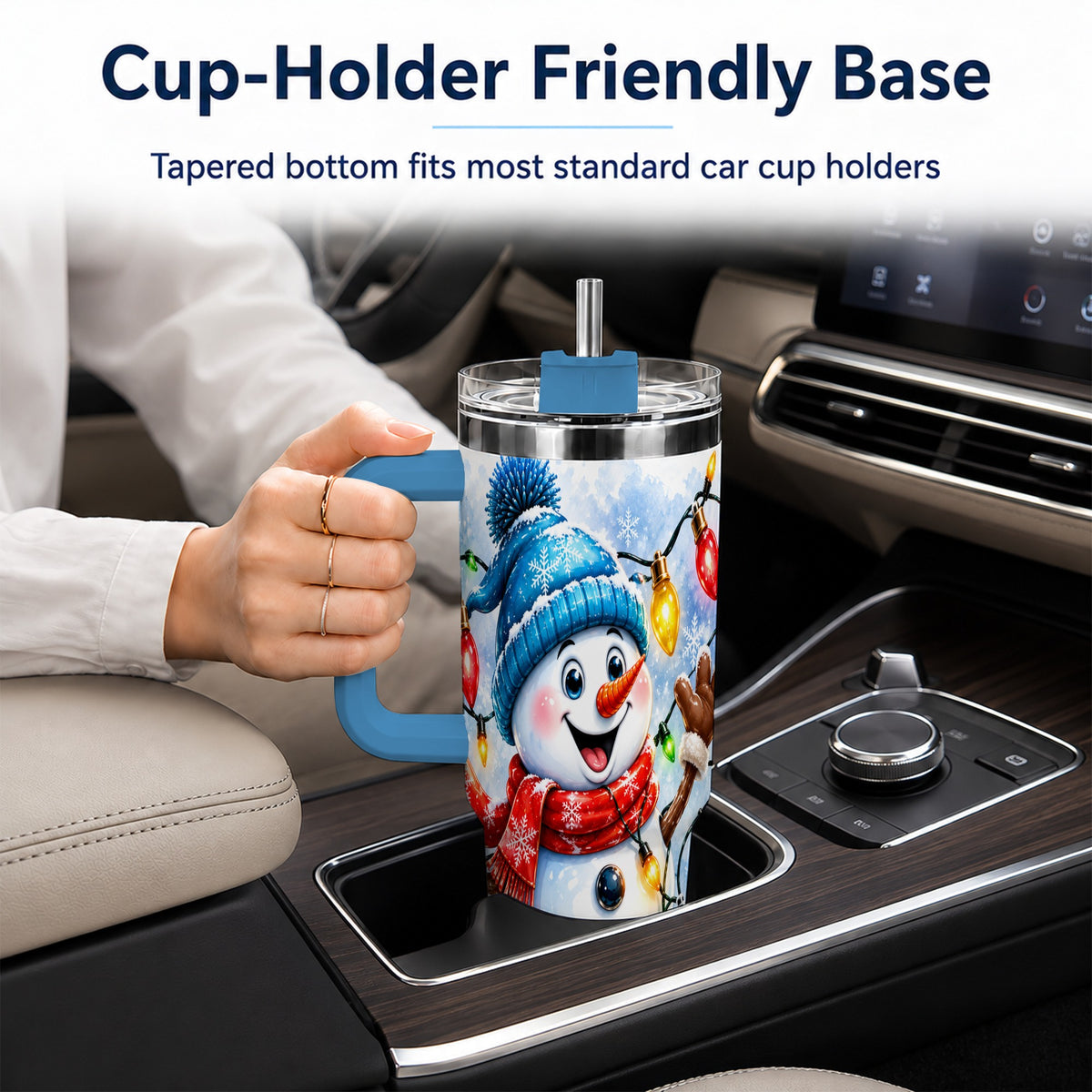 #pl[40oz|Blue] Snowman Lights 40oz Tumbler with Handle, Holiday Stainless Steel Tumbler